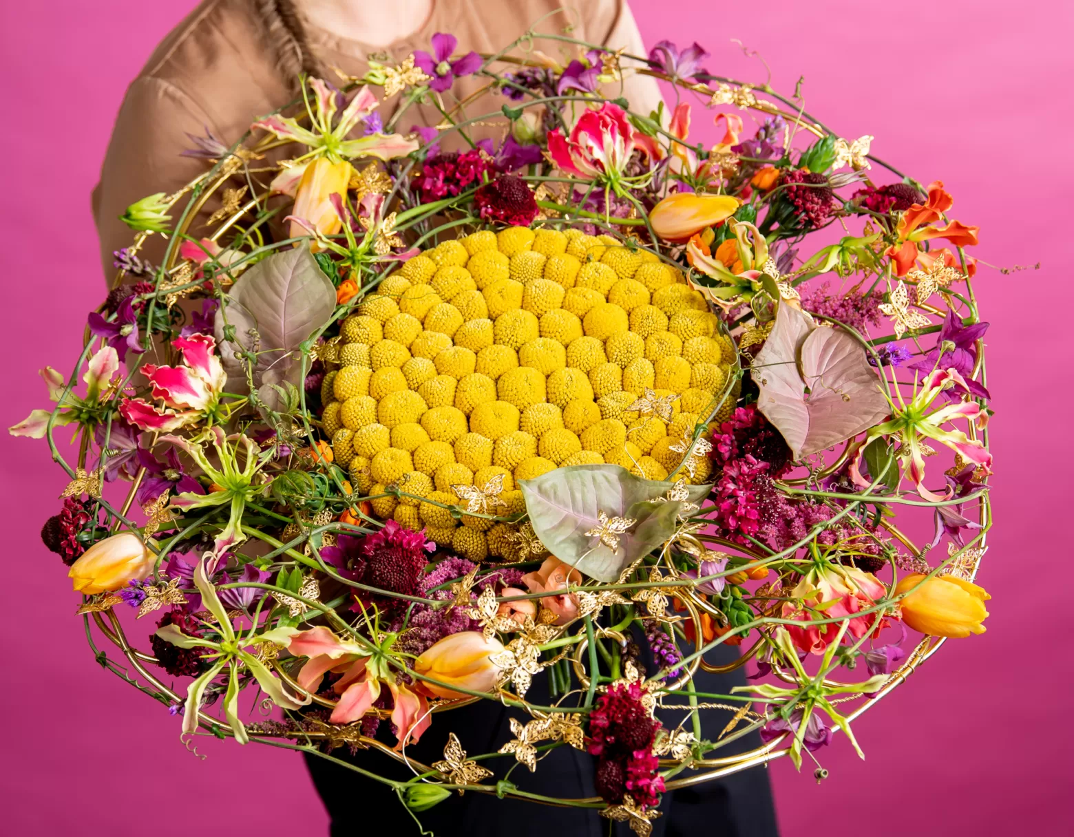 Ring of colour - Craspedia, Gloriosa, Scabiosa, Ornithogalum, Astilbe, Clematis