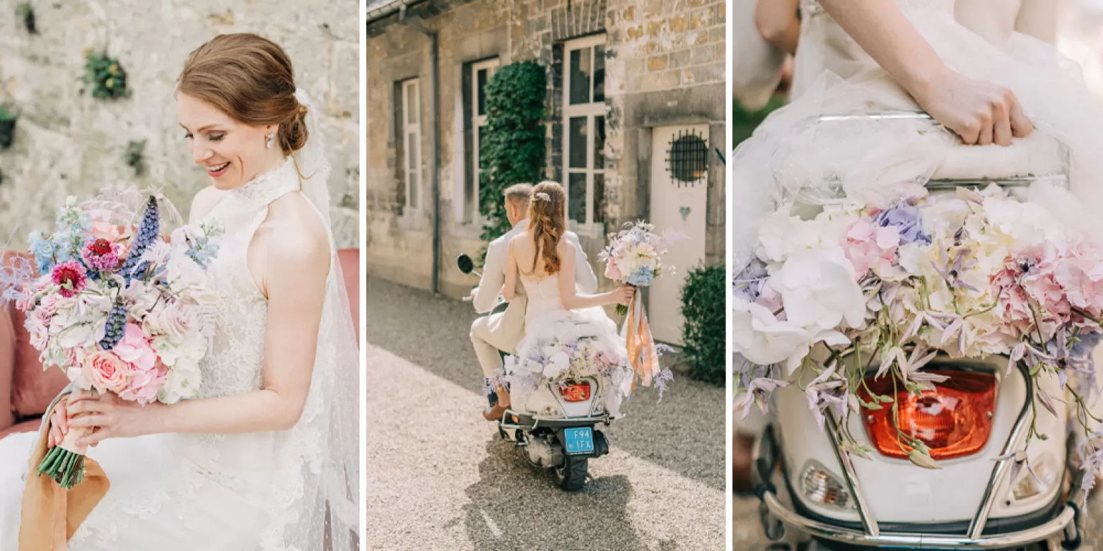 bruidsshoot op scooter met bloemen, Clematis Amazing®, Delphinium, Scabiosa