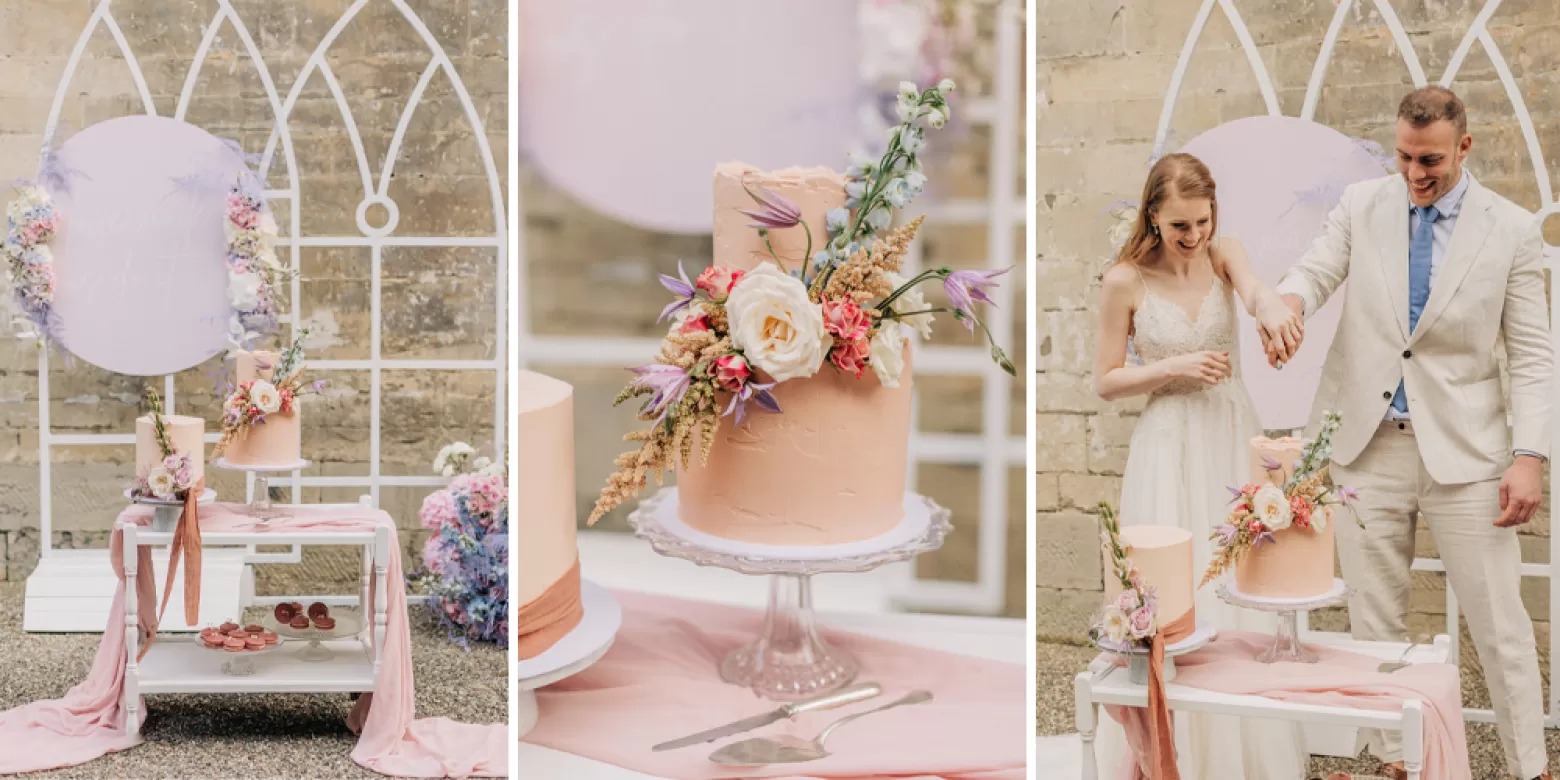 wedding soft pink wedding cake with flowers, Polianthes, Delphinium, Clematis Amazing®, Astilbe