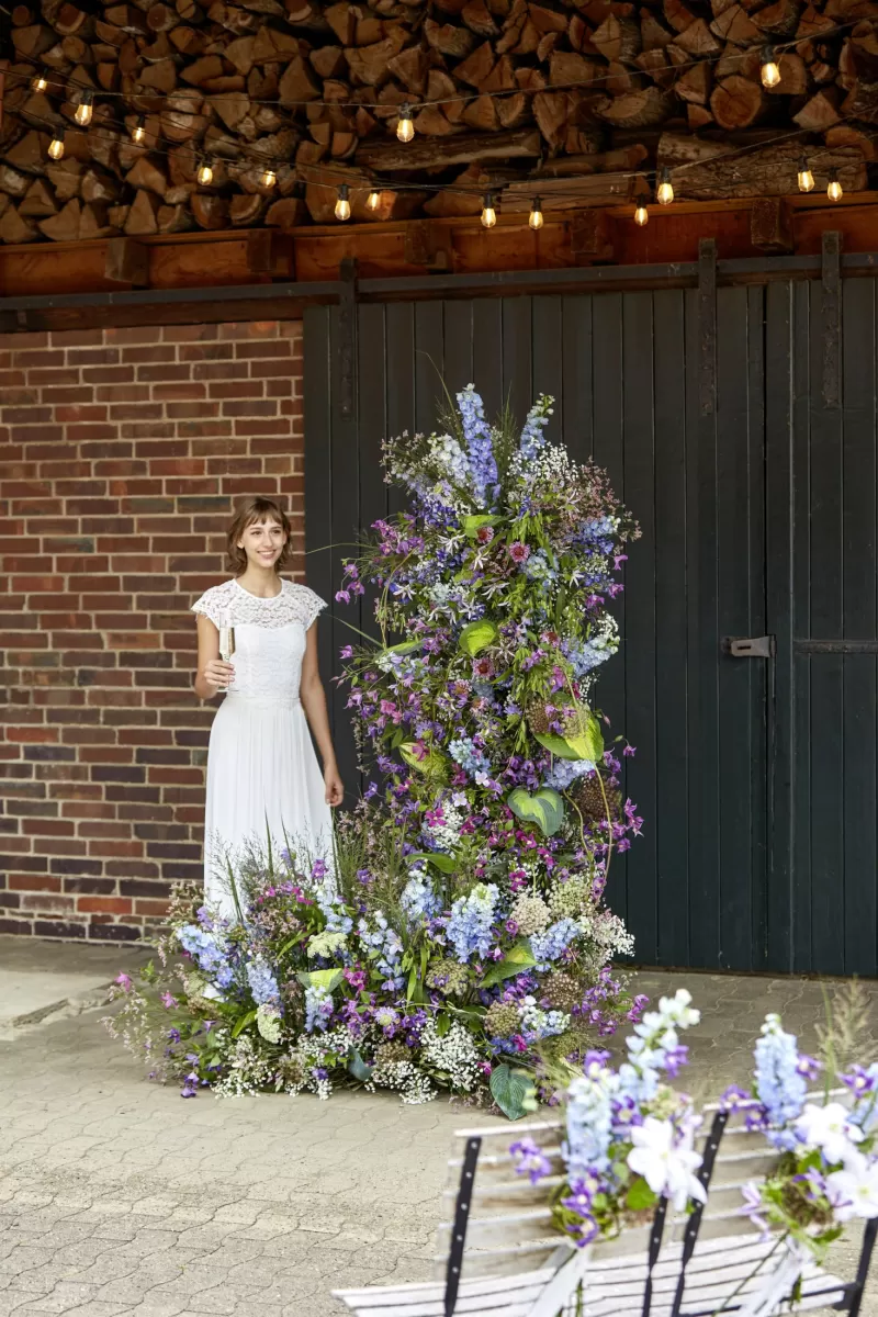 florale Bogenhochzeit Clematis Amazing® (‘Kyiv’, ‘Miami’, ‘Blue Pirouette’, ‘Rome’, Delphinium ‘Blue Donna’, ‘Guardian Lavender’, Gypsophila ‘Xlence®, Daucus Carota ‘Dara’, Limonium ‘Princess Diamond’, Miscanthus ‘White Cloud’, Scabiosa ‘Focal Scoop™ Bicolor pink’ 