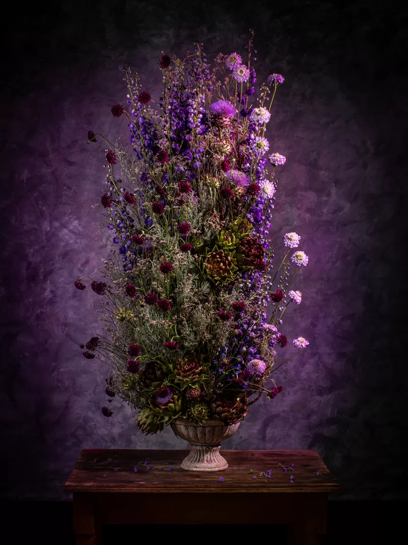 Very Peri design with Scabiosa, Limonium, and Scabiosa