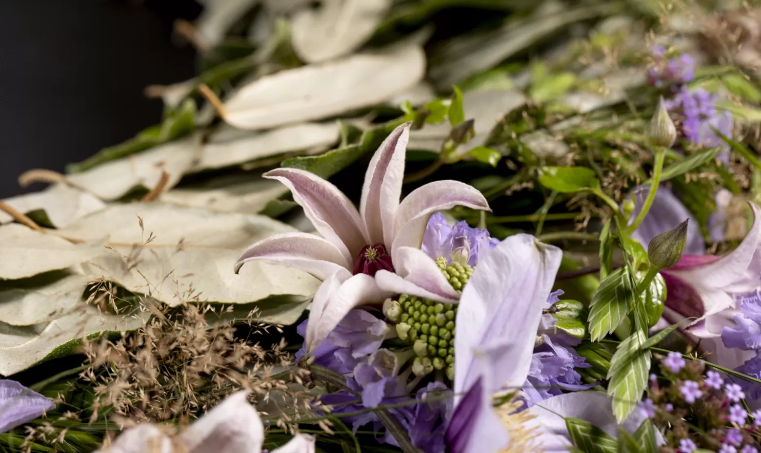 Funeral wreath with Scabiosa Lavender Scoop® and Clematis Amazing® Star River and Sevilla and Chasmanthium