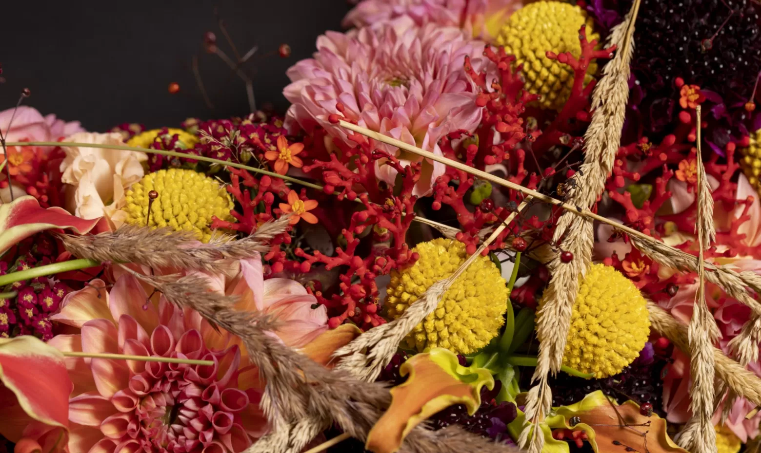 Rouwkrans met Craspedia, Gloriosa, Jatropha, Clematis, Achillea en Scabiosa