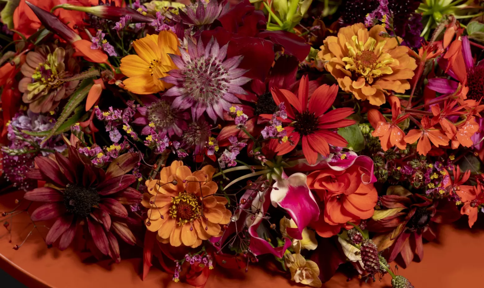 Funeral wreath with Astrantia, Gloriosa, Limonium, Scabiosa and Talinum