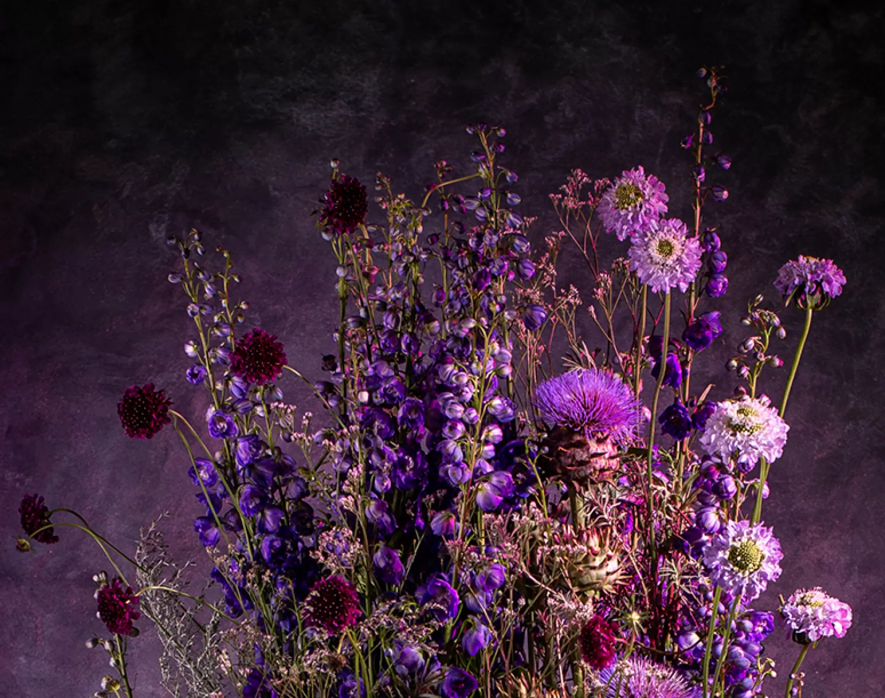 Very Peri design with Scabiosa, Limonium, and Scabiosa